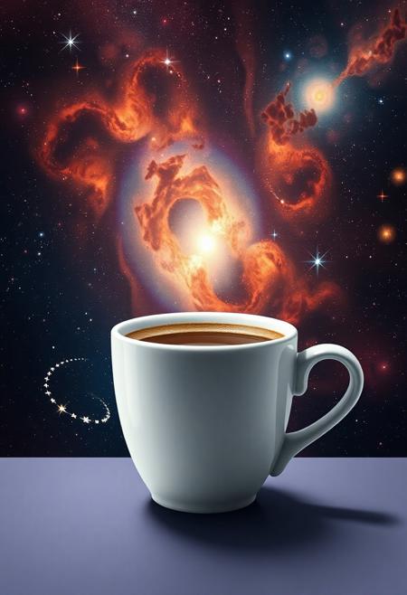 The cup of coffee is a portal to outer space, a beautiful adventure awaits, vision of galaxies and nebula
