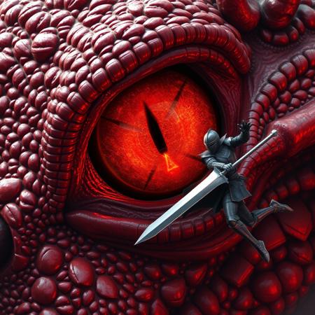 a giant red lizzard eye monster shinning scales bruises bullet impacts, in the eye the reflection of a knight with broken armor jumping with a long sword attacking the monster