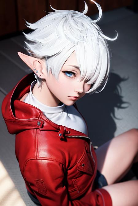 girlfriend,  white hair, short hair,  elf ear, earring, teen, bangs,  blue eyes,hair over one eye,(hair over one eye:1.3), eyes_visible_through_hair, looking at viewer,red jacket, sunlight,   teenage,  view from above, indoors,  <lora:Alisaie:0.7>