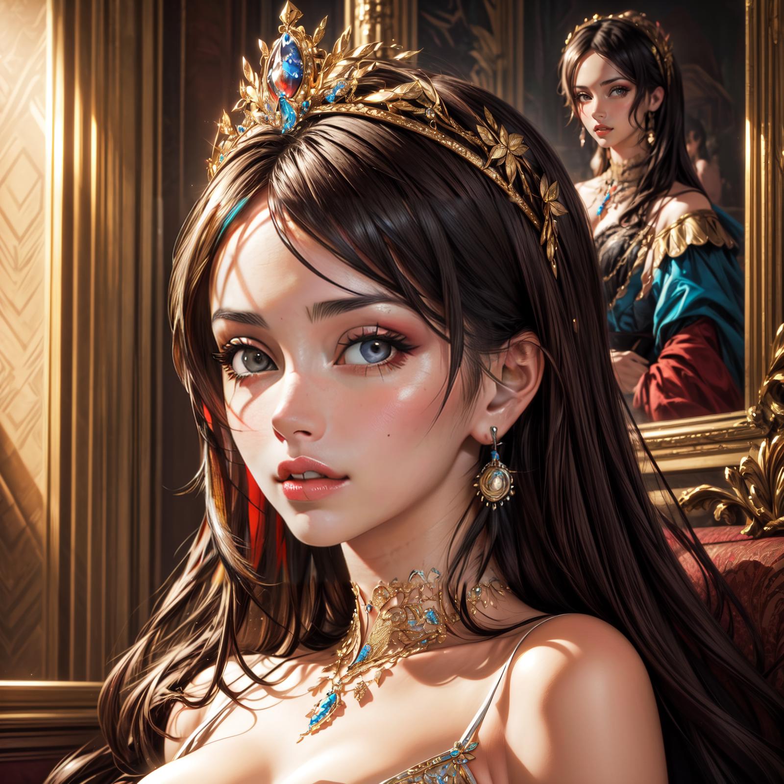 A beautiful illustration of a young woman wearing a crown and earrings, looking at her reflection in a mirror.