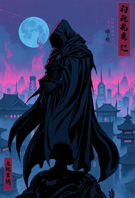 A dark rogue standing atop a gothic cityscape, their cloak swirling with movement, as comic-style shadows define their form but the background is painted in rich, semi-realistic fantasy textures., Ukiyo-e inspired composition, bold graphic linework, neon cyberpunk lighting, soft atmospheric mist, Edo-period architecture mixed with modern urban landscapes, deep blues and electric pinks, cinematic contrast, stylized nature elements, traditional meets futuristic