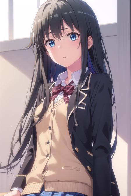 yukinoyukinoshita, <lora:yukino yukinoshita s2s3-lora-nochekaiser:1>, 
yukino yukinoshita, black hair, blue eyes, long hair, ahoge, (small breast:1.2),
BREAK blazer, cardigan, jacket, plaid, plaid skirt, school uniform, skirt, sobu high school uniform,
BREAK indoors, classroom,
BREAK looking at viewer, (cowboy shot:1.5),
BREAK <lyco:GoodHands-beta2:1>, (masterpiece:1.2), best quality, high resolution, unity 8k wallpaper, (illustration:0.8), (beautiful detailed eyes:1.6), extremely detailed face, perfect lighting, extremely detailed CG, (perfect hands, perfect anatomy),