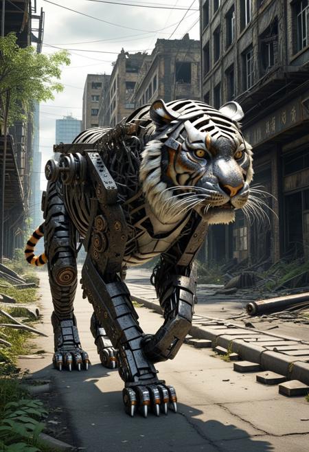 a forged carbon mechanical tiger walking, small post apocalyptic city, city overrun by nature, focus on tiger