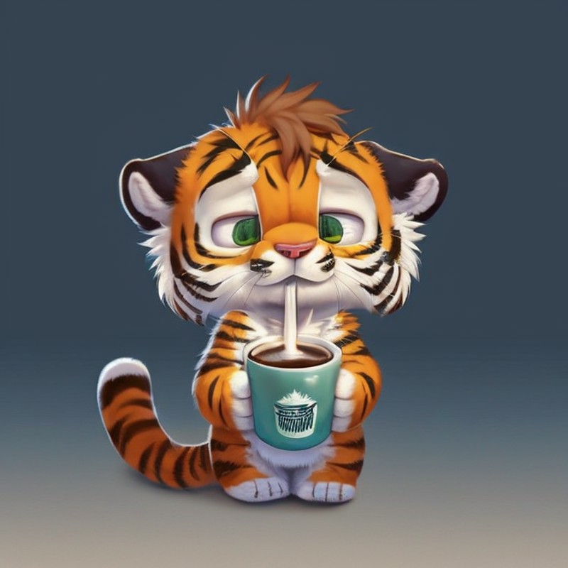 silverfox, solo, tiger, simple background, drinking, coffee, tired, sleepy