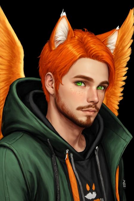 Roiadan Vanzey,  solo,  looking at viewer,  simple background,  1boy,  animal ears,  green eyes,  jacket,  male focus,  wings,  cat ears,  hood,  orange hair,  hoodie,  facial hair,  black background,  feathered wings,  beard,  freckles,  kemonomimi mode, <lora:EMS-43353-EMS:0.400000>