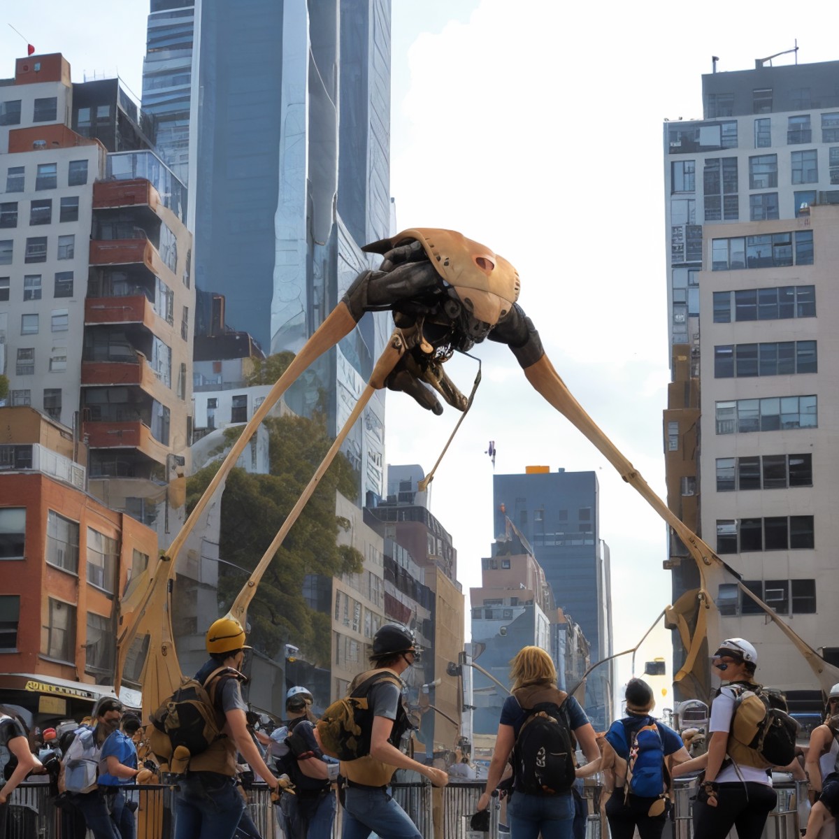 <lora:Strider:0.8>strider in downtown new york city chasing down a group of people