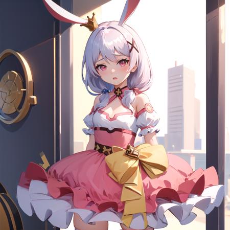 (masterpiece:1.2), (best quality:1.3), absurdres, magical_teriri, 1girl, standing, hair_ornament, rabbit_ears, pink_dress, bare_shoulders, white_gloves, white_thighhighs, <lora:magical_teriri_v4-000025:1>