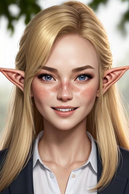 masterpiece,best quality,1 girl,solo,Super beautiful woman swede.(kind face:1.3).(kind eyes:1.3).ultra detailed face.chiseled skin.thin eyebrows.pointy nose.elf,active,slant eyes,forehead、ponytail,golden yellow hair,ruby red eyes,(sunburn skin:1.3),white elf costume,laugh,university student,from the front,upper body,forest