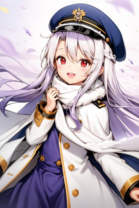 1girl, solo, illyasviel von einzbern, papakha, long hair, purple headwear, hat, red eyes, white hair, fur hat, smile, looking at viewer, long sleeves, bangs, purple capelet, capelet, open mouth, white scarf, blurry, coat, purple coat, scarf, dress, floating hair