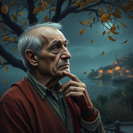 (photorealism:1.5)
1 oldman, full body, thoughtful expression, gazing at the majestic tree, falling leaves,  calm coastal village in the background, night time, pale colors, high contrast, hyper-realistic, serene atmosphere, pensive pose, detailed, high-definition, reflective mood, peaceful setting,
slight freckles, long eyelashes, thick eyebrows, torn pelvic sheer curtain, bridal gauntlets, torn red dress,