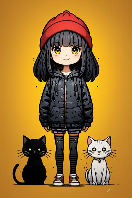 sd mai, flat illustration,
1girl, cat, hat, black hair, yellow eyes, beanie, jacket, smile, blunt bangs, bangs, looking at viewer, solo, hood
 <lora:SD_MAIæç®æå¹³æç»:0.7>