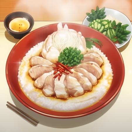 A colorful cartoon-style illustration featuring the classic Hainanese chicken rice dish. The image showcases a plate of succulent, steamed white chicken, sliced and arranged neatly, with glistening skin. Beside the chicken, a mound of fragrant, fluffy rice, cooked in rich chicken broth, garlic, and ginger, emits steam. Small dishes of bright red chili sauce, thick soy sauce, and freshly ground ginger are placed around the plate. The background includes a cheerful kitchen setting, emphasizing the homely and comforting nature of this beloved dish,  <lora:Shokugeki_food:1>