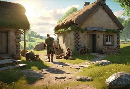 the day in the day of Celtic barbarians home life in the settlement . High Definition 64K, Detailed and Intricate, Digital Art, Photo, Realistic, Cinematic, Studio Lighting, Beautiful Lighting, landscape view