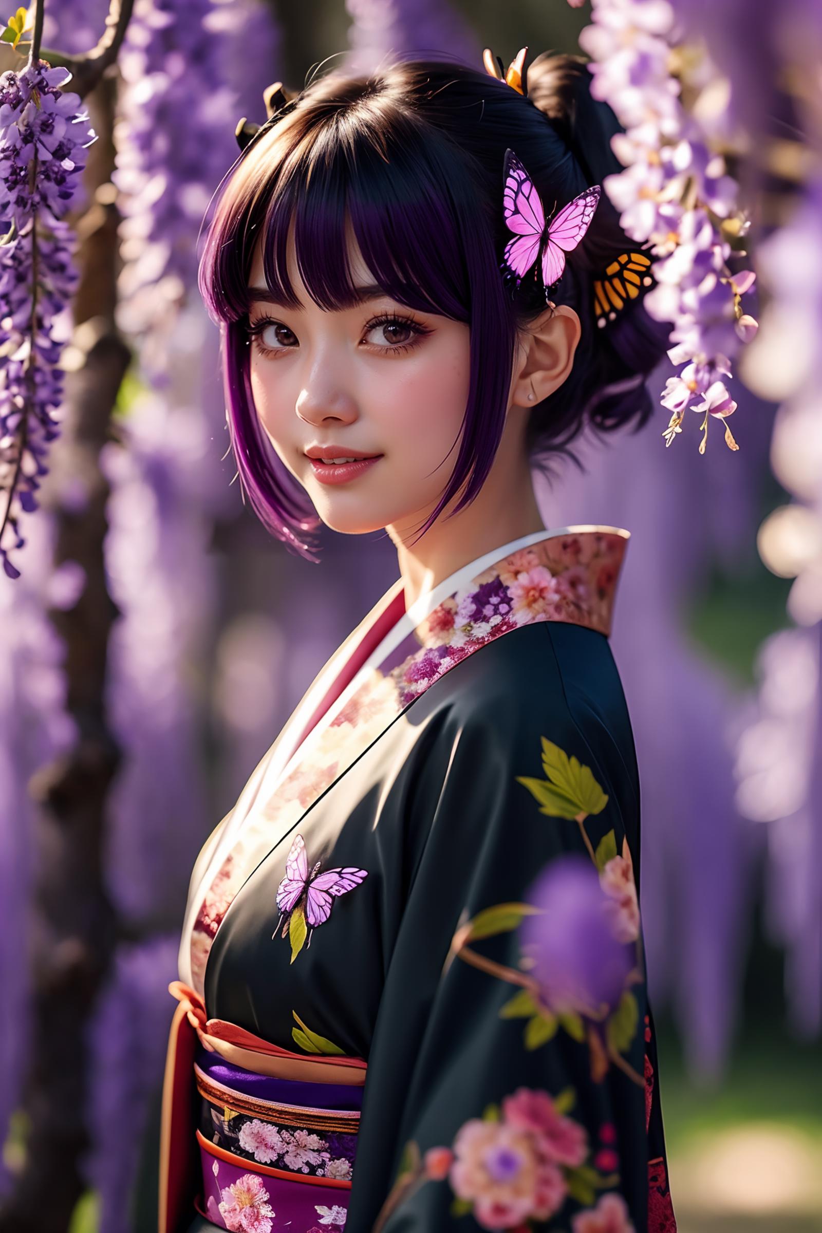 A young girl with purple hair wearing a kimono with butterflies on it.