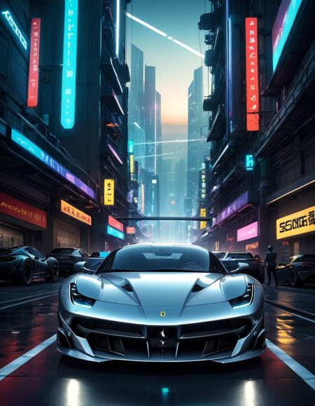 anime artwork <lora:FF.83.sdxlNuclearGeneralPurposeSemi_v10.lora:1> (ferrari: 1.2), sports car, silver, (cyberpunk: 2), (sci-fi: 1.8), (night city: 1.6), light rays, metallic, automotive design, arnold render, best quality, ultra high res, photograph, high details, 8k . anime style, key visual, vibrant, studio anime,  highly detailed