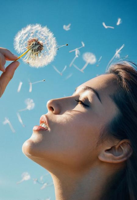 Close-up macro photography captures a woman as she gently blows an abundance of dandelion seeds, 
each one pirouetting through the air against a backdrop of a clear blue sky, 
infusing the moment with a sense of magical weightlessness, 
cinematic style, 
Polaroid nostalgia, 
soft-focus background, 
high shutter speed to freeze motion, 
natural light, 
vibrant yet delicate color palette, 
creating an ultra-realistic image, 
cinema
