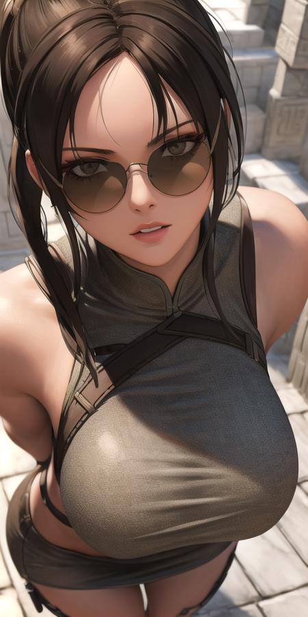 <lora:lara_croftV2:0.6> lara_croft, standing, solo, brown_eyes, sunglasses, china_dress, portrait,, masterpiece, best quality, detailed face, detailed eyes, highres,