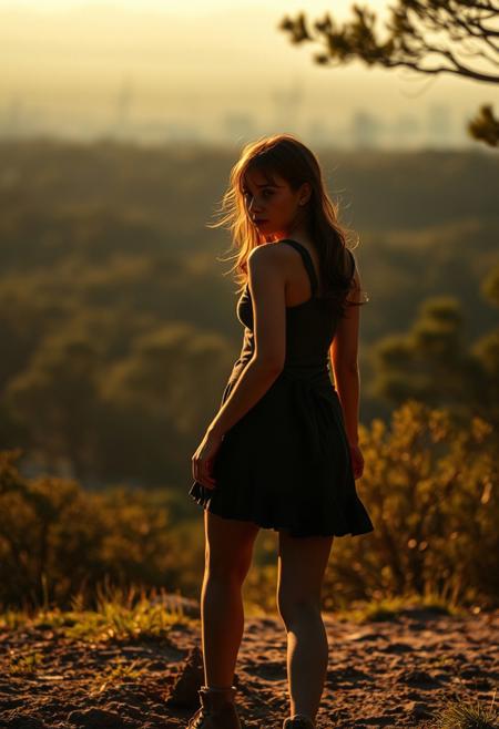 lone roguish female figure, walking away, glancing over shoulder, distant cityscape, transitioning from forest to urban environment, golden light of early morning or late afternoon, cinematic, journey progression, emotional warmth, subtle glance, candid, moment of doubt or hesitation, reflection on the journey, (forest in the background:1.2), city on the horizon, inviting introspection, natural light, dramatic lighting, depth of field, (captured naturally:1.2), (detailed background:1.3), (photorealism:1.4), 8k UHD, (blurry:-1.3), (lowres:-1.5), (ugly:-1.2), (mutated:-1.4), (worst quality:-1.4), (bad anatomy:-1.3), (cartoon:-1.1), (sketch:-1.1), (distorted proportions:-1.3), (extra limbs:-1.5), (cgi:-1.4), (extra characters:-1.5), (savanna:-1.4)