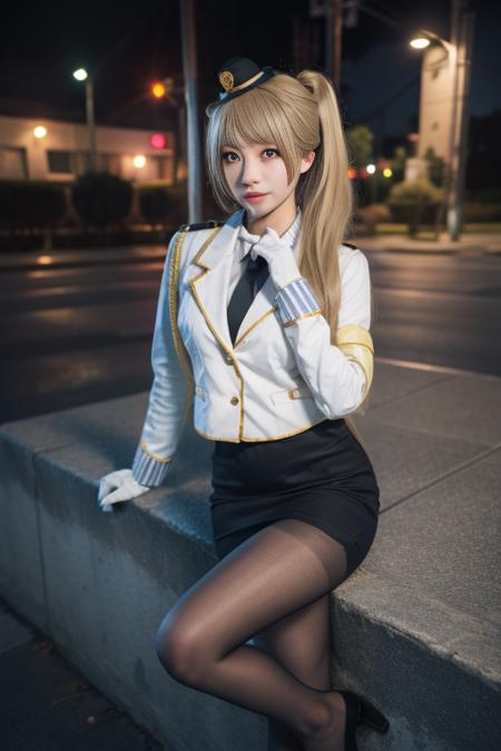 minami kotori, cosplay police uniform, long hair,  blonde hair,bangs, side ponytail,single hair bun, police uniform, policewoman, skirt, pantyhose,high heels, 