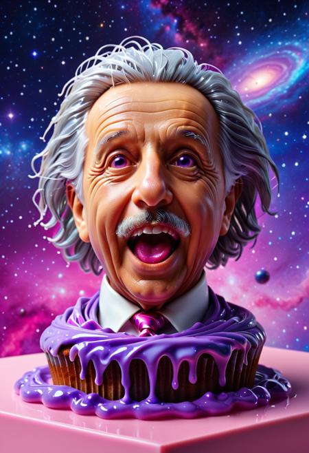 Slim3d, slime morph,
photorealistic recreation of a famous portrait of Albert Einstein, happy, mouth open, poking out tongue, very wild hair, vivid realistic bright eyes, exaggerated wrinkles, recoloured in purple and pink tie dye style, bust melting onto pink and purple iced cupcake plinth, floating in space