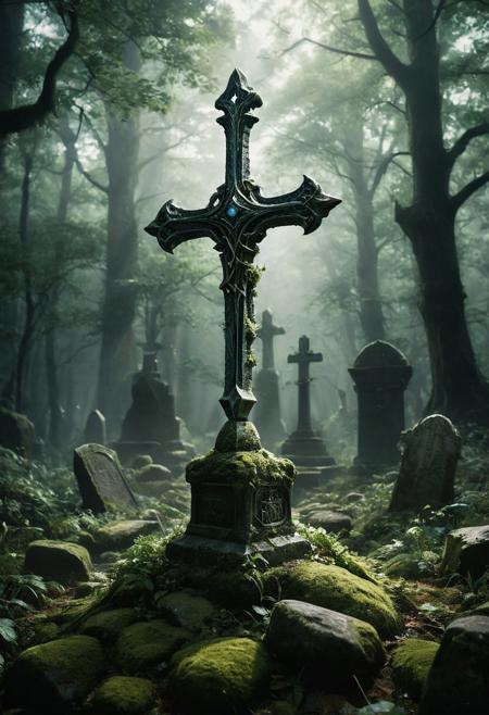 A detailed image of an enchanted medieval fantasy sword thrust into a large, clean boulder that serves as a gravestone. The sword is vertical, resembling a cross, with the blade driven in slightly more than halfway. The sword appears ancient, with a slightly glowing blade and intricate details on the hilt. The boulder is clean and solid, not covered in moss, and the grave is relatively new. The scene is somber and mystical, set in a quiet, slightly overgrown graveyard. Dead rising