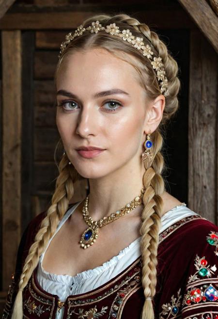 8k, UHD, photorealistic full-body vintage portrait, beautiful Russian young woman, 22yo, blonde, hairstyle of two braids, in a long Russian national vintage costume of XVI century, decorated with precious stones, in the Russian hut, ((detailed face, very detailed animate eyes, correct round pupils, detailed hair)), ((Russian solid high kokoshnik)), friendly expression on her face, ((detailed skin, visible pores on the skin)), bare thighs, ((slender beautiful figure)), correct anatomy, make-up, against the background of Russian nature, DSLR, Nikon Z 55 mm, depth of focus, detailed background