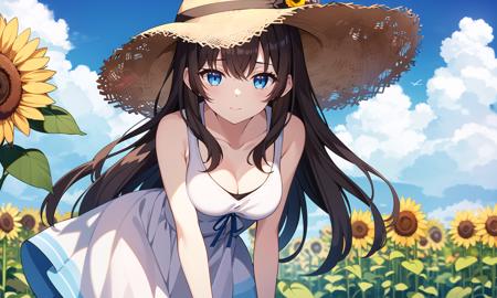 ((masterpiece)),((best quality)),
1girl, solo, dress, hat, blue eyes, flower, sunflower, white dress, outdoors, straw hat, sky, looking at viewer, long hair, day, cloud, collarbone, brown hair, leaning forward, blue sky, bangs, arm behind back, bare shoulders, sundress, closed mouth, yellow flower, sidelocks, sleeveless, breasts, brown headwear