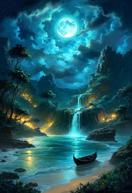 (by Ellen Jewett:1.5), (Bioluminescent Impressionism, Jamaican landscape, The Dreamland, Under the eerie glow of a blue crescent moon, a bright and wonderous landscape unfolds . A vibrant, and glowing brown lumenarium flying ship flies over a wonderful landscape of  great, yet lush canyones  with waterfalls.  Its black paint contrasts starkly with the wonderous atmosphere. In the background, more waterfalls cascades down jagged rocks,the water glistening in the moonlight. urithiru, tower city, up on a mountain,  Thick,s wirling clouds loom overhead,adding to the sense of a magical presence. The moonlight filters through the clouds,casting an otherworldly glow over the scene. The air is thick with mysticism,as if the very night holds ancient secrets and powerful magic.  [romantic impressionism,dream scenery art,beautiful oil matte painting,romantic,style of thomas kinkade,beautiful digital painting,anime landscape,romantic painting,dreamlike digital painting,colorful painting,beautiful gorgeous digital art,style of greg rutkowski,janek sedlar,jenny saville:0]  <lora:vivid_everclear:0.35>  <lora:Sinozick:0.35>  <lora:MJ52:0.35>, view from above,  biotech emotion:1.3) <lora:xl_more_art-full_v1:0.5> <lora:add-detail-xl:1> <lora:RMSDXL_Creative:2>