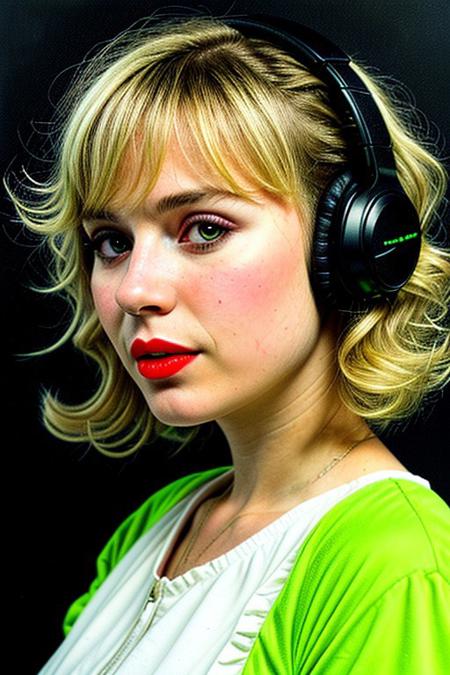 masterpiece, best quality, oil painting \(medium\), real, solo, 1girl, blonde hair, headphones, hair curls, black background, sound waves, green neon, white dress, musical note, red lipstick, medium hair, ringlets, green theme, hand on headphones, frills, puffy sleeves, short sleevesneon background, face close up,