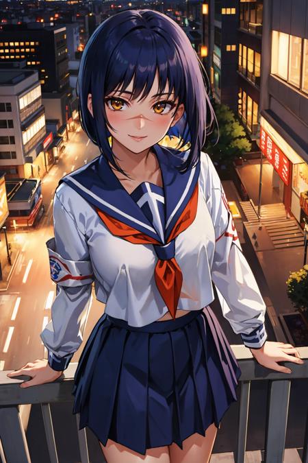 masterpiece, best quality, tsumura tokiko, serafuku, scar, pleated skirt, cowboy shot, smile, from above, park, city, from above, night, streetlight <lora:tokiko-nvwls-v1-000011:0.9>