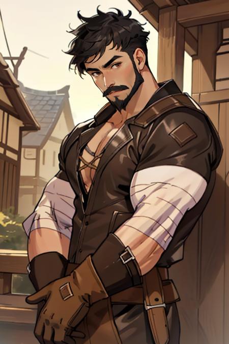 Wagner_Genshin_Impact, solo, short hair, shirt, black hair, gloves, 1boy, brown eyes, white shirt, male focus, muscular, facial hair, bandages, pectorals, muscular male, bara, beard, brown gloves, mature male, mustache, leather, pectoral cleavage, <lora:Wagner_Genshin_Impact:1>