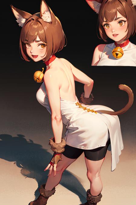 Xiao, cat ears,short hair, brown hair,cat tail, brown eyes,animal hands ,Xattire ,white dress, bike shorts, neck bell,brown footwear,sleeveless,fingerless gloves, standing
(insanely detailed, beautiful detailed face, masterpiece, best quality) <lora:Xiao-09:0.7>