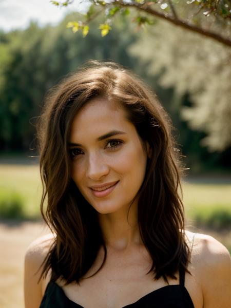 Realistic photo of a beautiful w1n0n4r woman,1girl,solo,long hair,looking at viewer,smile,skirt,brown hair,shirt,black hair,brown eyes,jewelry,cowboy shot,outdoors,parted lips,day,nail polish,blurry,lips,see-through,depth of field,blurry background,red nails,forehead,realistic,photo background,realistic,soft lighting, professional Photography, Photorealistic, detailed, RAW, analog, sharp focus, 8k, HD, high quality, masterpiece<lora:w1n0n4r:1.0>