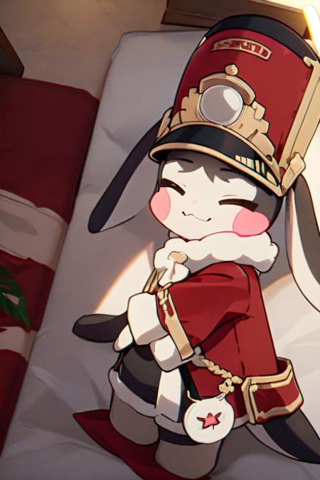 <lora:pompom:0.8> solo, closed eyes, red hat, blush stickers, rabbit ears, bedroom,