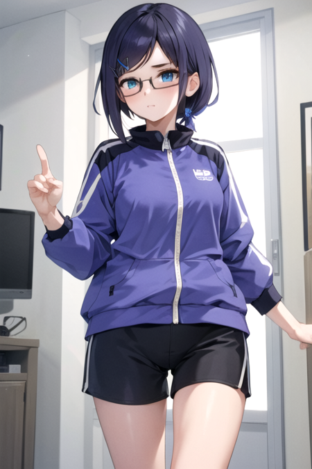 AchanOffWork, 1girl, solo, short hair, blue eyes, hair ornament, blue hair, blue jacket, glasses, black shorts, hairclip, swept bangs, track jacket, 