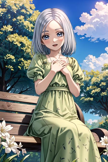 DQ10 illutia, short hair, grey hair, blue eyes, DQ10 costume, green dress, short sleeves, puffy sleeves, brown footwear, <lora:DQ10_illutia_ep20:0.6>, BREAK (small breasts), beautiful, masterpiece, 8K resolution, extremely detailed face, 1girl, Beautiful girl, adult girl, 20 years old, eye highlights, (from below), looking at viewer, smile, open mouth, blush, BREAK (sitting on a bench, sitting, hands on chest:1.3), (hands on chest:1.2), windy, bench, BREAK anime background, outdoors, forests, grass, flower fields, streams, dancing petals, gentle sunlight, blue sky, clouds, <lora:clear light_v1:1>, <lora:flat2-dim1:-0.5>