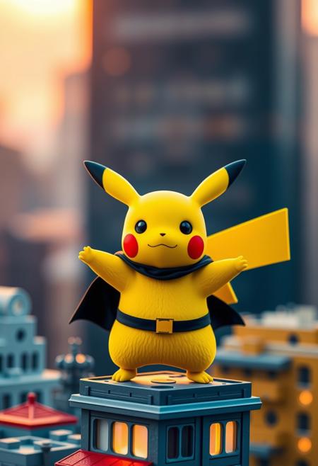 Pikachu, Pokémon, yellow, cute, funny, wearing a superhero cape, pretending to fly, standing on a toy building, city background, playful expression, warm and cozy lighting, peaceful and content atmosphere, cinematic composition, natural shadows and reflections, smooth gradients, vibrant, gentle breeze,