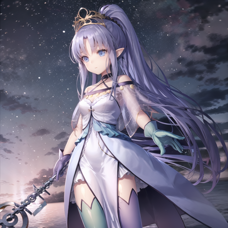 Medea_Lily a close up view showing a character  with long blue hair, 1girl, solo, pointy ears, long hair, gloves, thighhighs, blue eyes, staff, ponytail, dress,