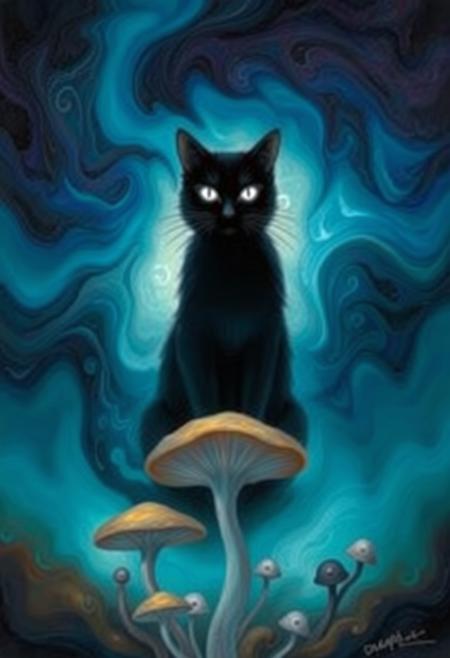 This artwork presents an abstract, surreal scene centered around an ethereal black cat with glowing white eyes. The cat, positioned in the middle, is set against a fluid, swirling background composed of rich blues, teals, and purples, suggesting a mystical or cosmic environment. The backdrop appears almost liquid, with the colors merging and flowing into one another, creating a dreamlike, ethereal atmosphere. Below the cat, abstract, mushroom-like forms and organic shapes emerge, enhancing the otherworldly feel of the image. The cat’s bright, piercing eyes draw attention, making it the focal point of this enchanting and mysterious scene, as if it exists within a magical or alternate dimension.