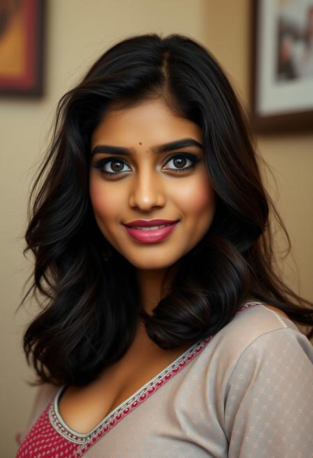 A cinematic photo of a 175 cm tall, 55 kg weight bengali woman with an hourglass figure and a waist-to-hip ratio of 0.7. She has dark brown hair that falls just above her shoulders, wavy texture, and slightly tousled appearance as if she just got out of bed. Her facial features are defined by an oval face shape with a petite nose, high cheekbones, and full lips. A small beauty mark is visible above her upper lip. Her eyes are warm brown with a hint of gold sparkle, almond-shaped, and fringed with thick eyelashes. Her skin tone is olive complexioned and smooth. She wears minimal makeup that accentuates her natural features, with subtle blush on her cheeks, defined eyebrows, and a hint of mascara. She has dimples when she smiles