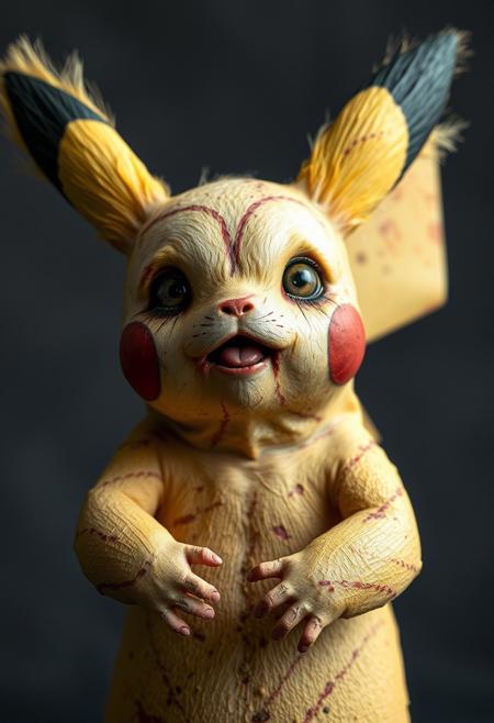 Pikachu as a real life Matt Goening charater, he is a zombie, hyper realistic, ultra detailed skin surface, ultra detailed hair