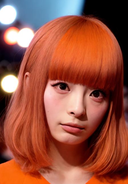 1girl, pamyurin, stage, audience, crowd, facing viewer, looking at viewer, eye contact, outdoors, festival, blank stare, orange hair, petite, flat_chest, blush, long_eyelashes, fake_eyelashes, masterpiece, absurdres, highres, realism, close-up