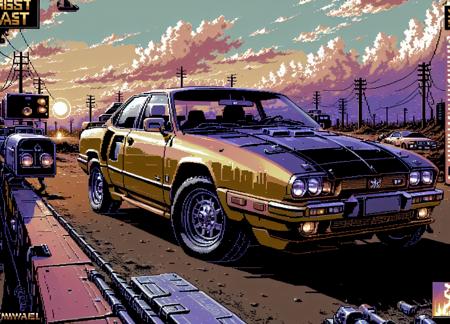 masterpiece, best quality,pixel art,low contrast,wasteland, sunset, cars<lora:C64graph:0.8>