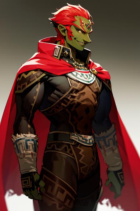 ((masterpiece,best quality)), absurdres, <lora:OoT_Ganondorf_Zelda:0.8>, OoT_Ganondorf_Zelda, solo, (green skin), cape, smiling, looking at viewer, cowboy shot, cinematic composition, dynamic pose