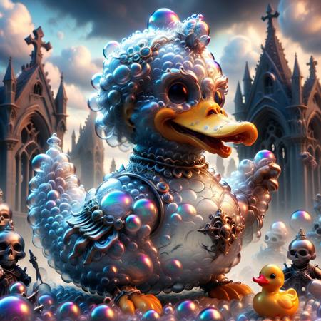 8k surreal render, a knight in shining bubble armor riding a rubber duck through a graveyard of squeaky toys, under a gothic sky of swirling iridescent clouds, pun: “Sir Pops-a-Lot’s Last Quest”