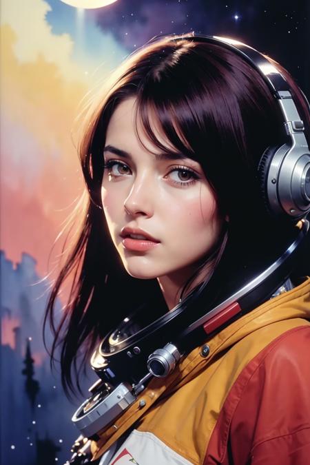 (masterpiece, top quality, best quality, extreme detailed, highest detailed, official art, beautiful and aesthetic:1.2), colorful, cowboy shot, beautiful face, solo, perfect body, 1girl, in space, spacecraft, spacesuit, sun rays, indoors, (wires and cables:1.1), (science fiction:1.2), porthole, illuminator, stars,fantasy, high contrast, ink strokes, explosions, over exposure, purple and red tone impression , abstract, ((watercolor painting by John Berkey and Jeremy Mann )) brush strokes, negative space,