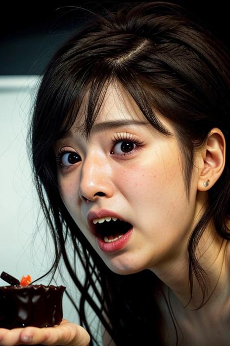 photorealistic photo of a creepypasta woman causing a feeling of nauseating unease and eeriness. She is scared and offering candy from a  bowl containing all kinds of sweets, like chocolate bars. menacing, creepy, sharp_teeth, dark background. Staring into your soul with glowing eyes. 
charturnerv2, pureerosface_v1, scared expression,