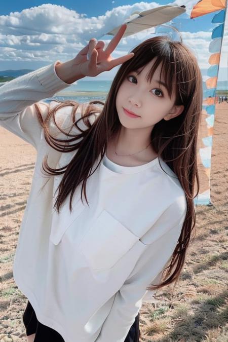 1girl, beach, blue_sky, boat, bridge, brown_eyes, brown_hair, building, city, cloud, day, horizon, long_hair, looking_at_viewer, mountain, ocean, outdoors, realistic, river, road, sand, scenery, ship, shirt, shore, sky, smile, solo, upper_body, water, watercraft, waves, white_shirt