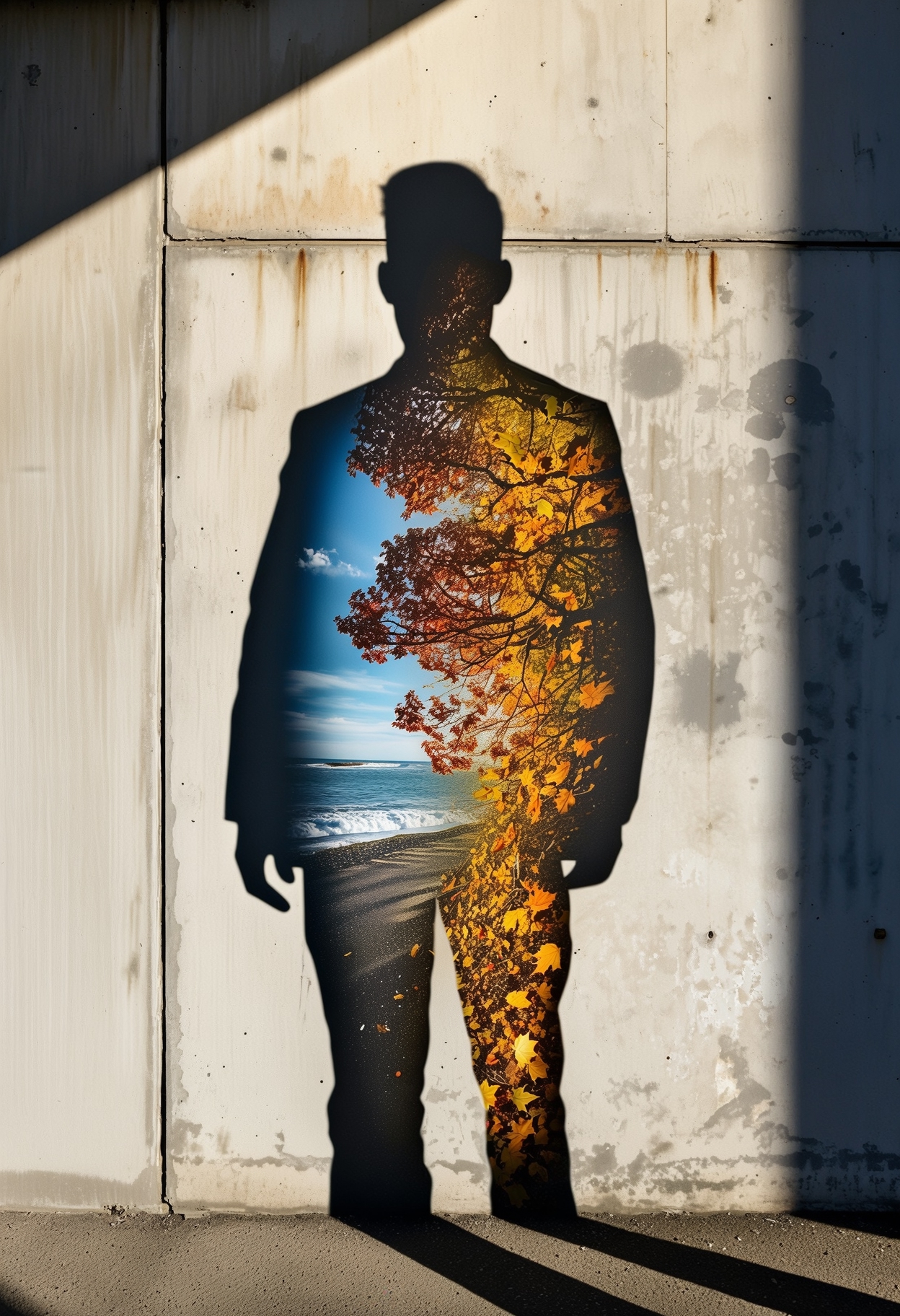 A human silhouette cast against a weathered concrete wall, with the shadow's interior filled by a double-exposed image of an autumn beach scene. The figure stands with hands at sides, creating a sharp black outline that contains golden-orange foliage from overhanging tree branches, blue ocean water, sandy shoreline, and white clouds against a blue sky. The wall shows visible panel joints with rust marks and discoloration across its surface.