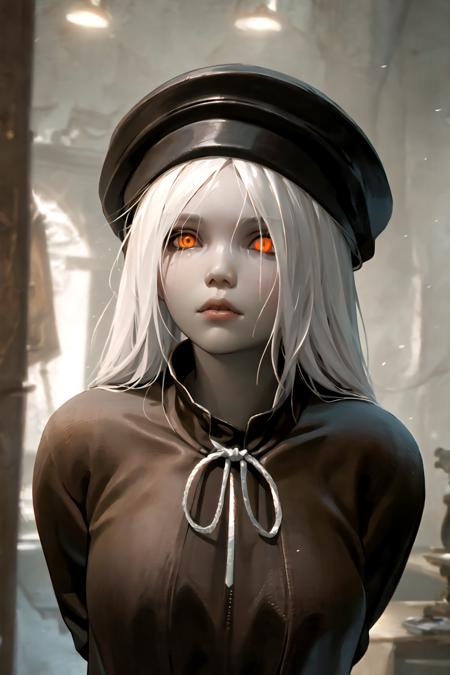 realism, upper body, detailed, girl, hat, arms behind back, white hair, scales, orange eyes,  The_Painter, room, cinematic lighting, <lora:The_Painter:0.8>